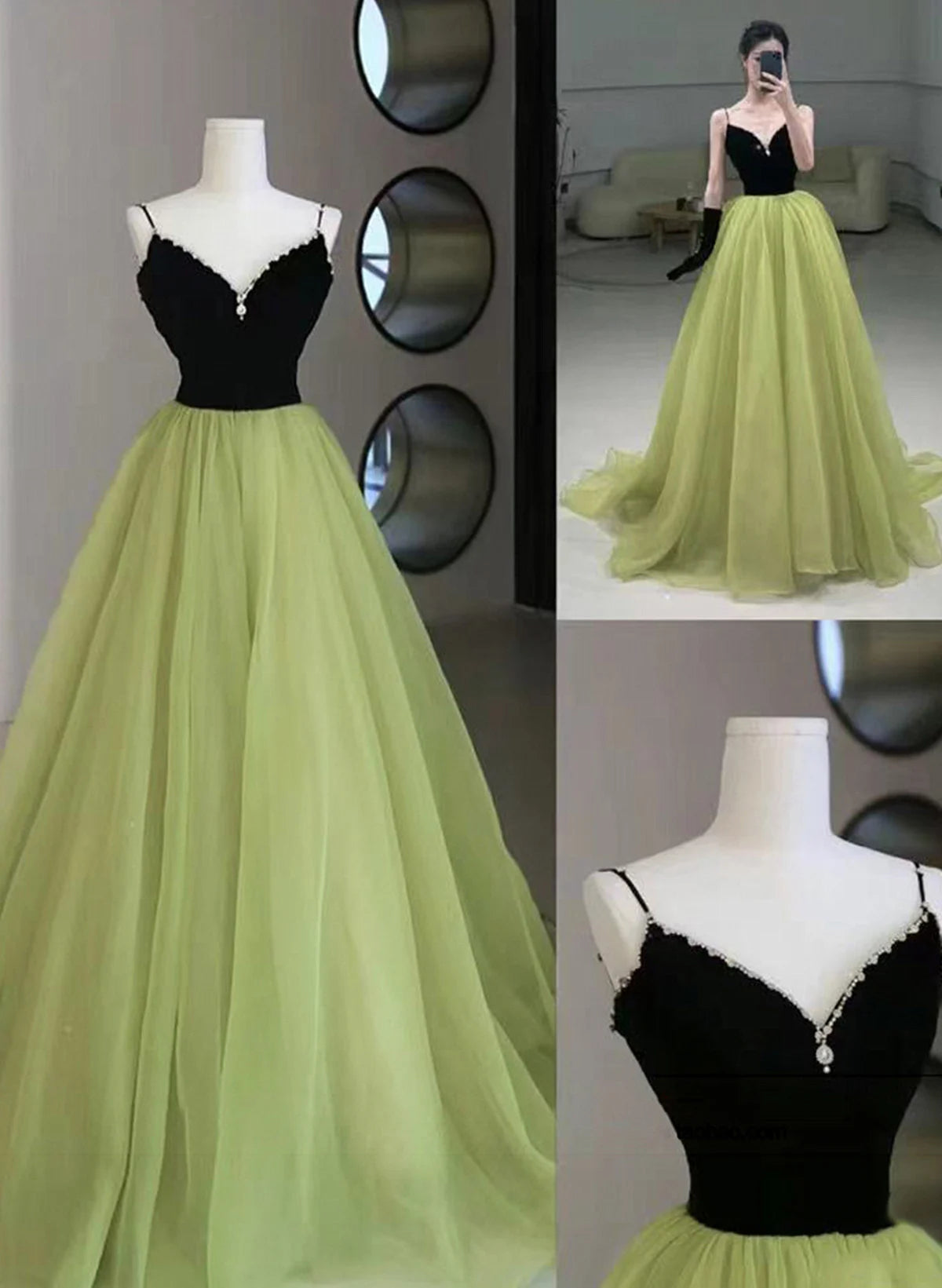 Beaira Chic Green and Black Long Evening Dress Party Dress Green A-line Prom Dress stores with prom dresses