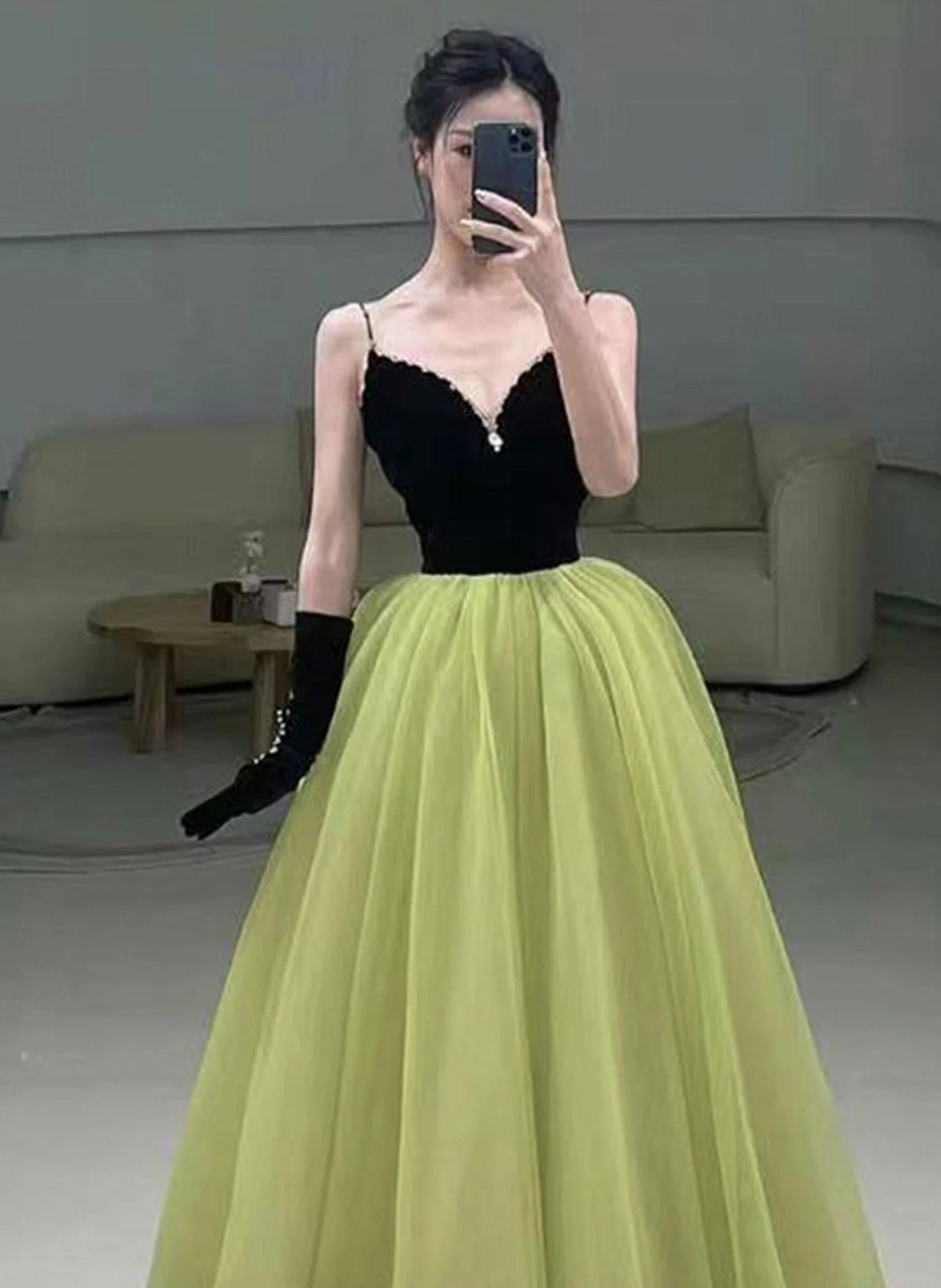 Beaira Chic Green and Black Long Evening Dress Party Dress Green A-line Prom Dress stores with prom dresses