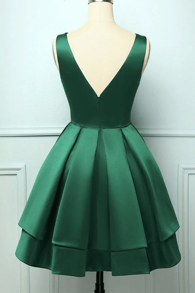 Beaira Green Satin Short V-neckline Party Dress Green Short Homecoming Dress prom dresses shops