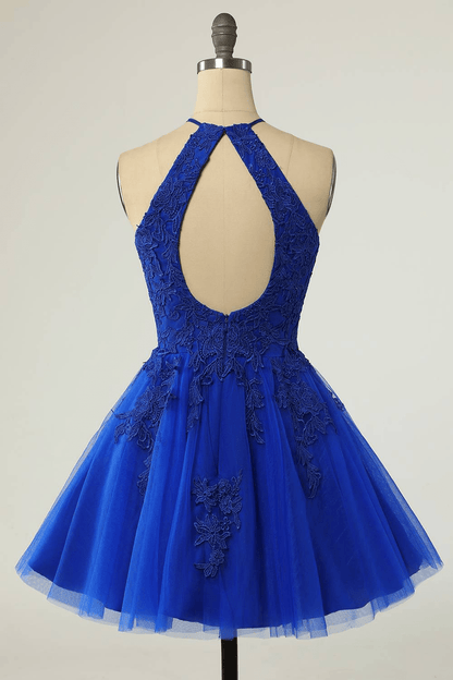 Beaira Royal Blue Halter Tulle With Lace Short Party Dress Royal Blue Homecoming Dress prom shop dresses