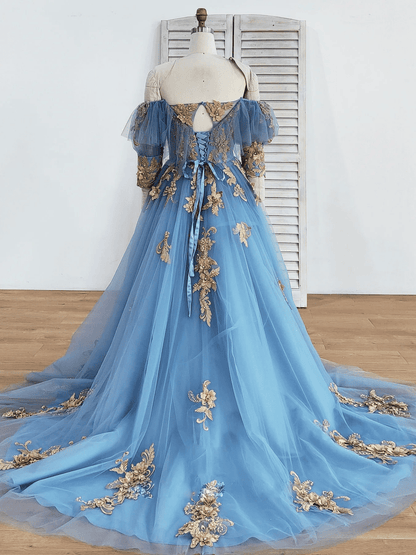 Beaira Blue Sweetheart Tulle with Gold Lace Long Party Dress Blue Tulle Prom Dress prom dresses with long sleeves