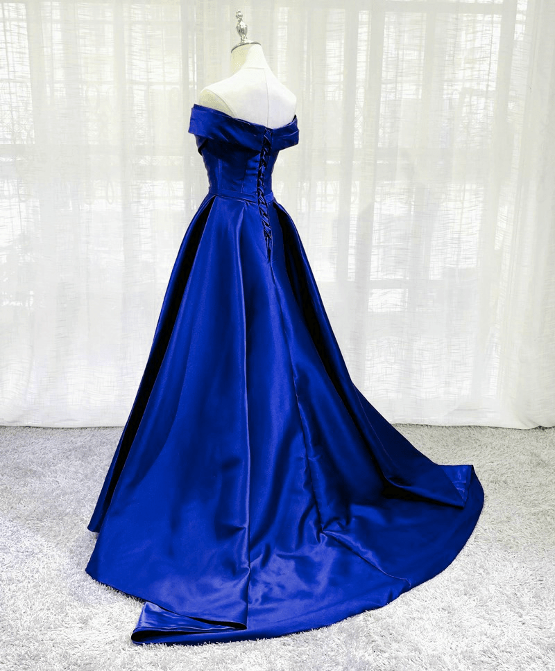 Beaira Royal Blue Satin Off Shoulder Long Party Dress Blue Simple Prom Dress prom dresses with long sleeves