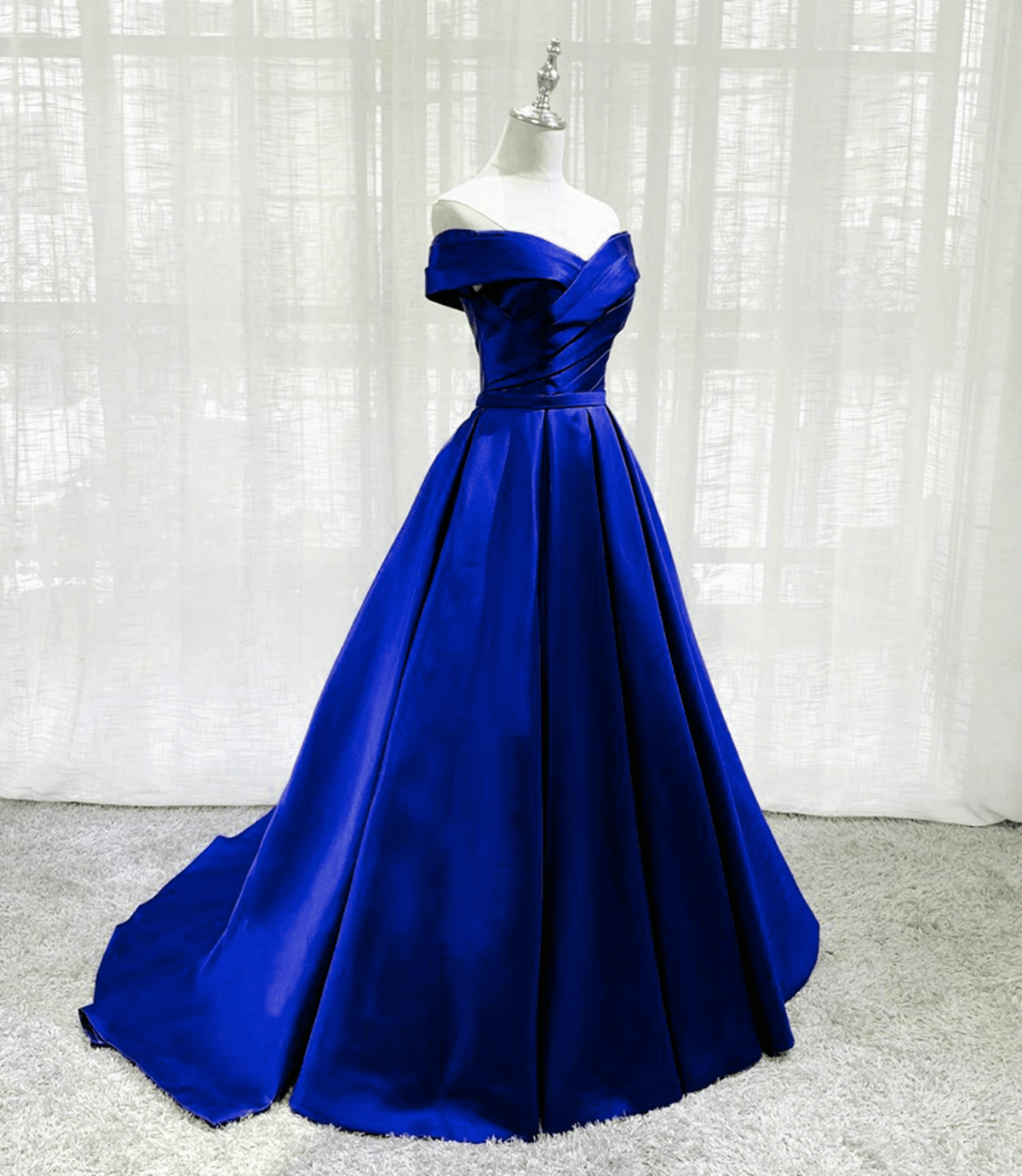Beaira Royal Blue Satin Off Shoulder Long Party Dress Blue Simple Prom Dress prom dresses with long sleeves