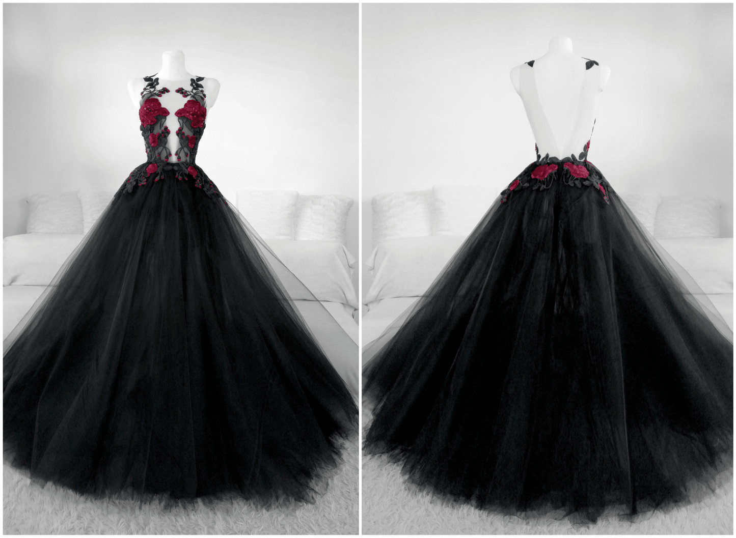 Beaira Black Tulle With Lace Applique Long Formal Gown Black Party Dress Prom Dress prom dresses with long sleeves