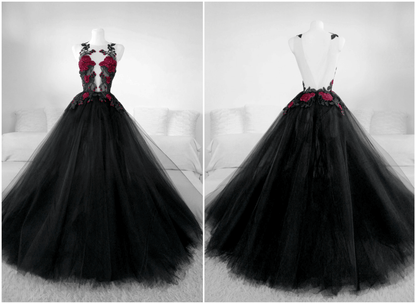 Beaira Black Tulle With Lace Applique Long Formal Gown Black Party Dress Prom Dress prom dresses with long sleeves