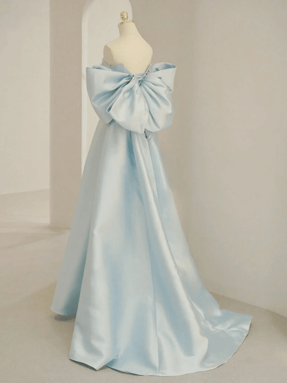 Beaira A-line Light Blue Satin Off Shoulder Long Party Dress Light Blue Prom Dress prom dresses with long sleeves