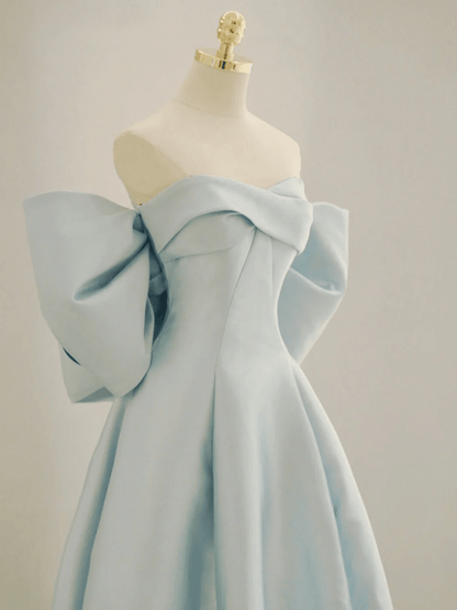 Beaira A-line Light Blue Satin Off Shoulder Long Party Dress Light Blue Prom Dress prom dresses with long sleeves