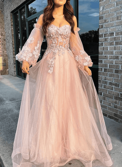 Beaira Pink Puffy Sleeves Tulle Long Party Dress A-line Pink Evening Dress Prom Dress prom dresses with long sleeves