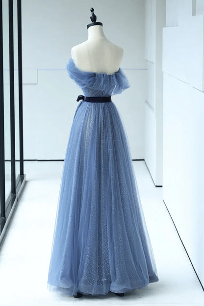 Beaira A-line Blue Off Shoulder Floor Length Prom Dress Blue Strapless Tulle Evening Dress prom dresses with long sleeves