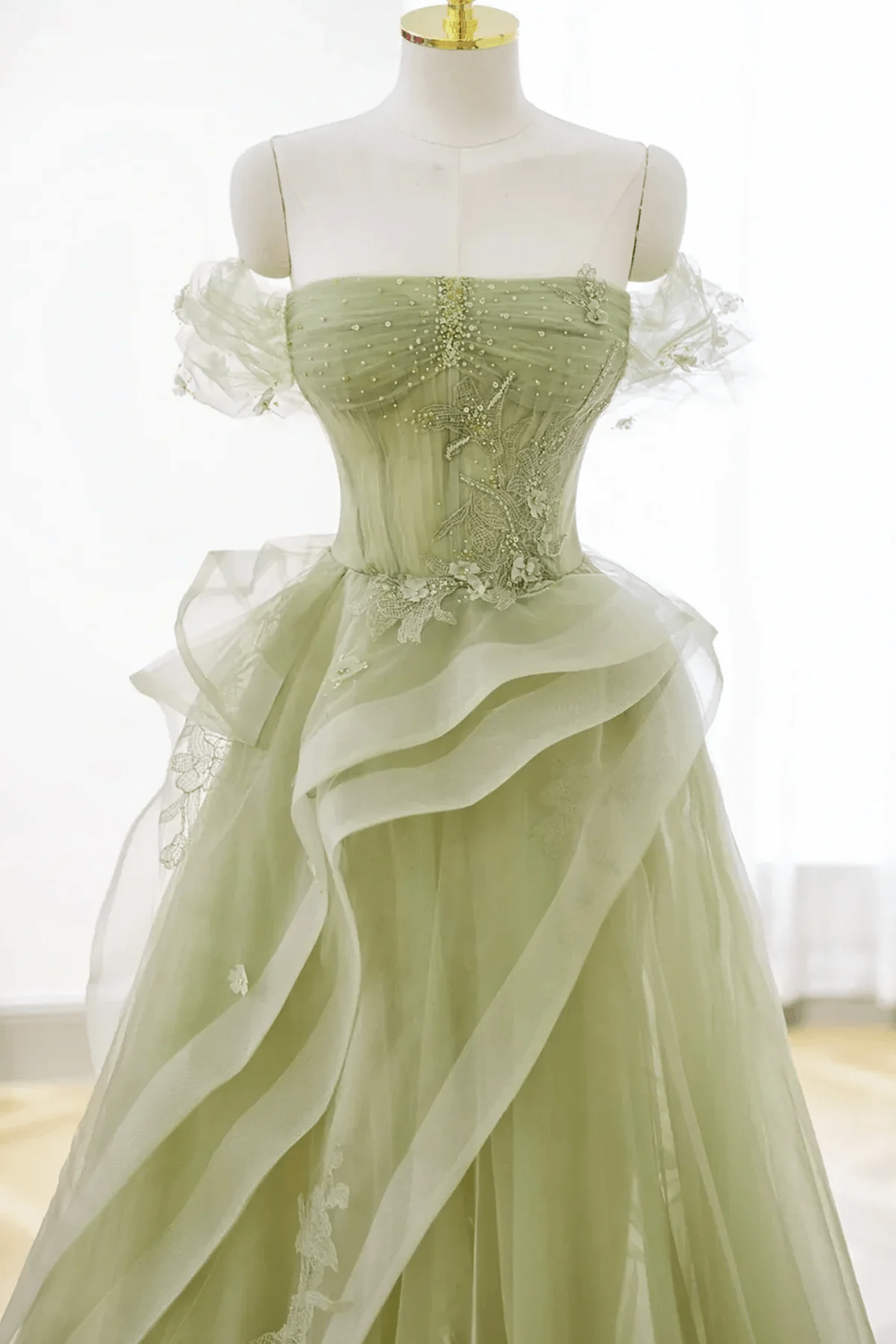 Beaira Light Green Off Shoulder Beaded Party Dress Light Green Tulle Formal Dress