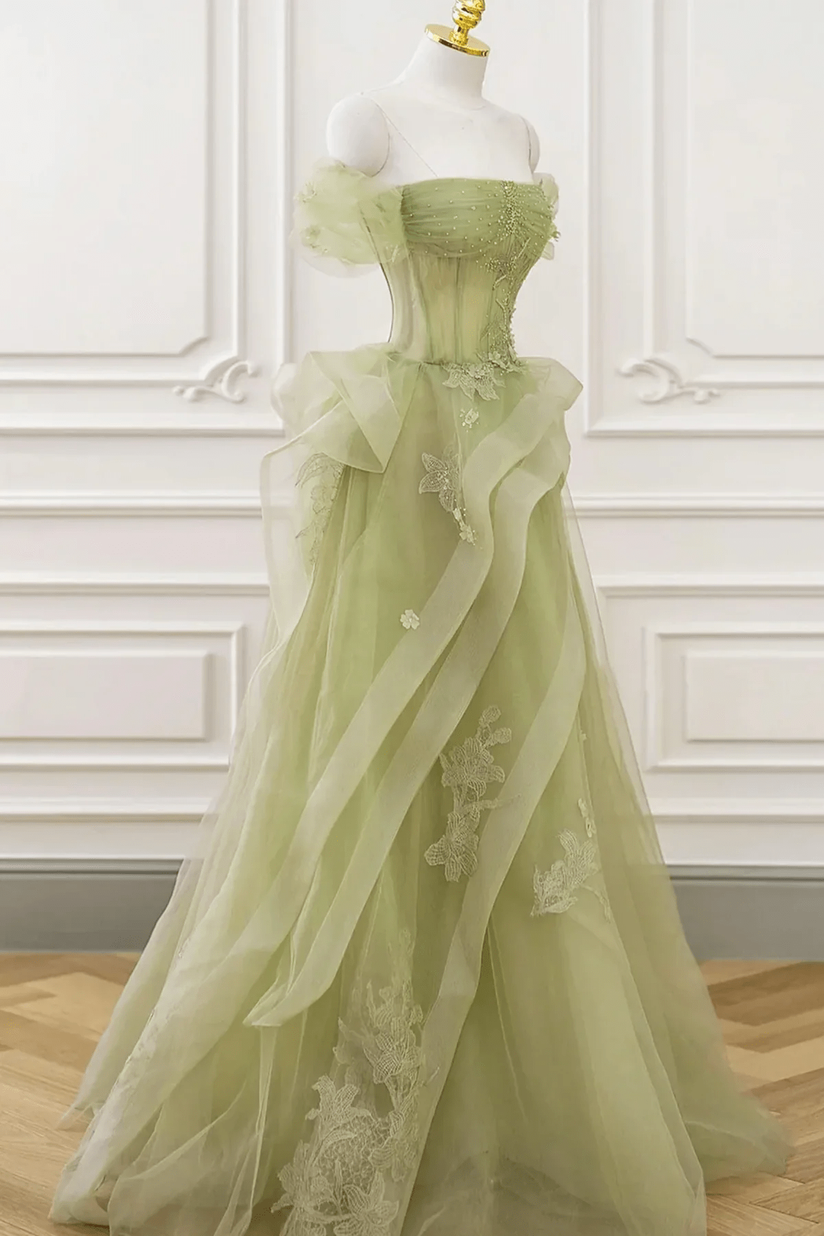 Beaira Light Green Off Shoulder Beaded Party Dress Light Green Tulle Formal Dress