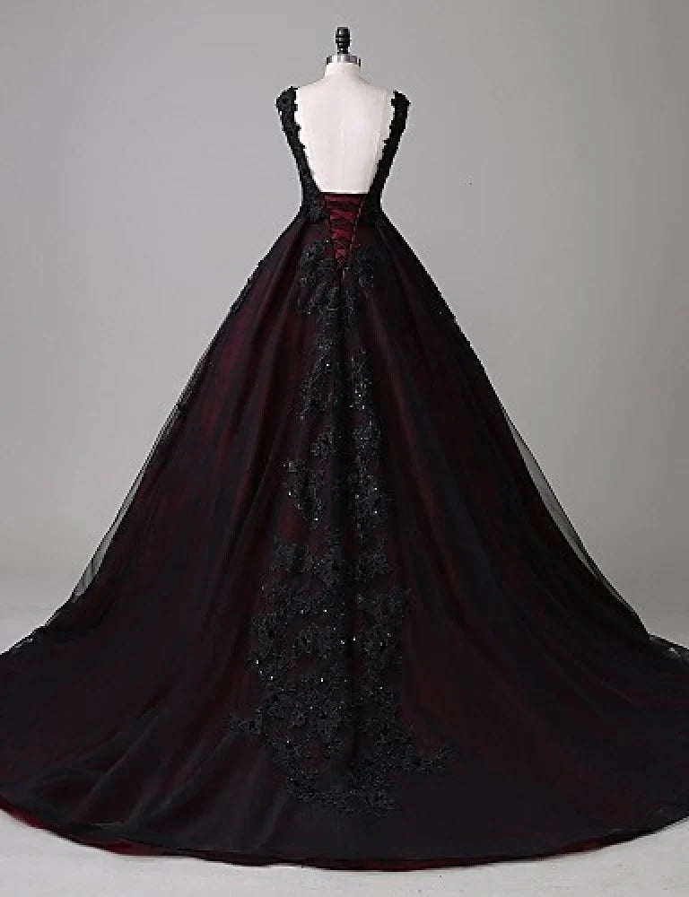 Beaira Black and Red Round Neckline Wedding Dress Black and Red Evening Gown