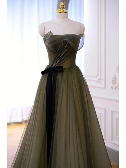 Beaira Green Scoop Tulle A-line Long Prom Dress Party Dress Green Evening Dress