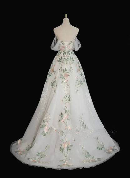 Beaira White Tulle Sweetheart Off Shoulder Prom Dress with Lace White Wedding Party Dress