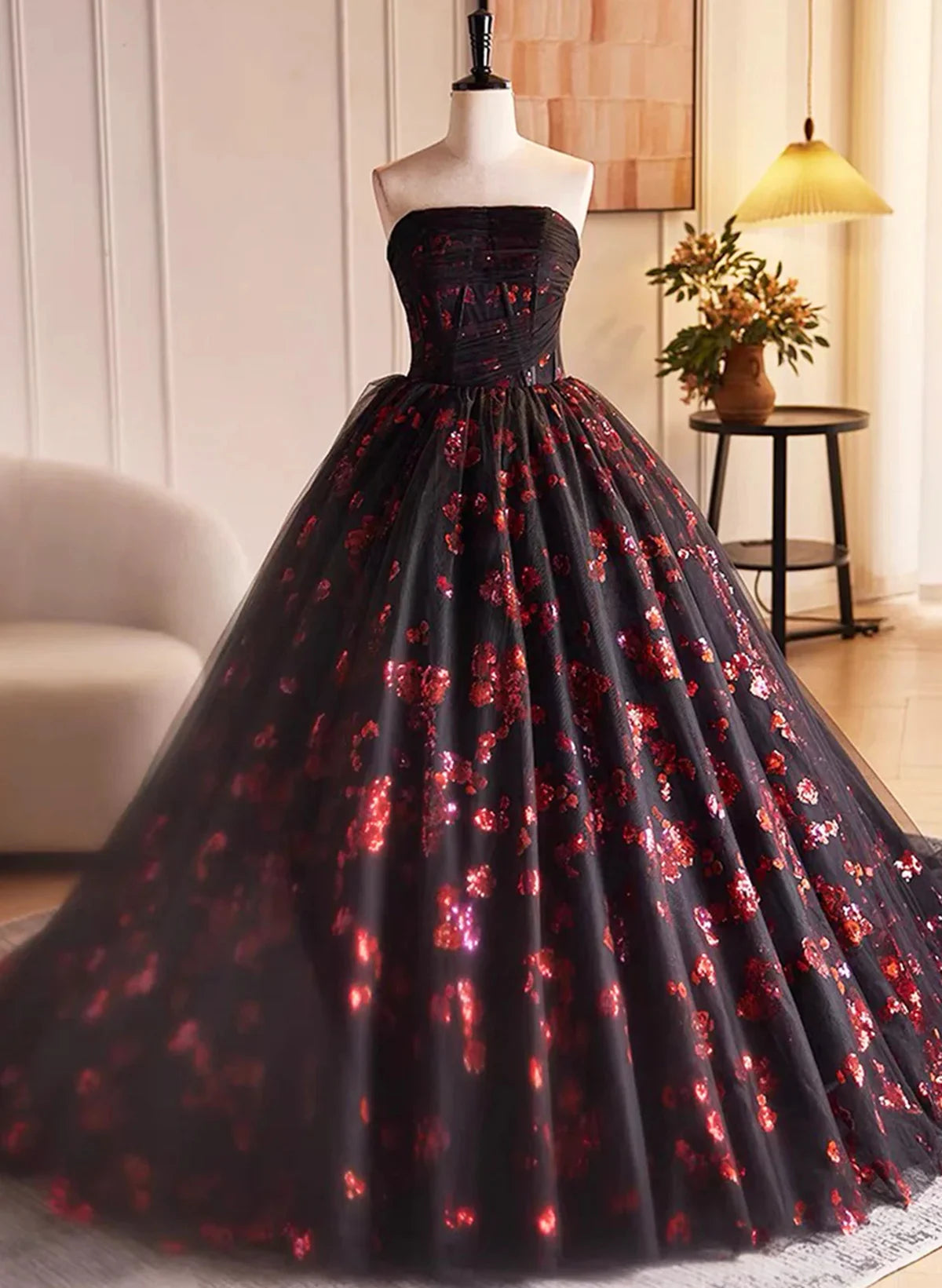Beaira Black and Red Floral Tulle Long Party Dress Strapless Formal Sweet 16 Dress