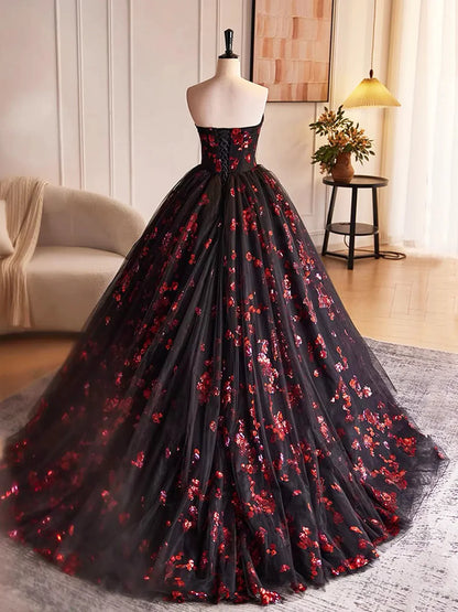 Beaira Black and Red Floral Tulle Long Party Dress Strapless Formal Sweet 16 Dress