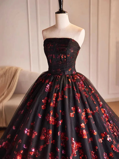 Beaira Black and Red Floral Tulle Long Party Dress Strapless Formal Sweet 16 Dress