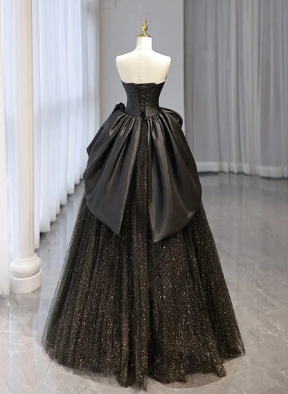 Beaira Black Shiny Tulle A-line Prom Dress Black Unique Evening Dress