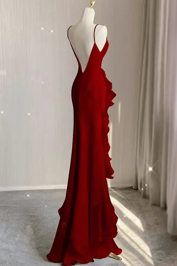 Beaira Wine Red Long Round Neckline Low Back Wine Red Evening Dress Prom Dress
