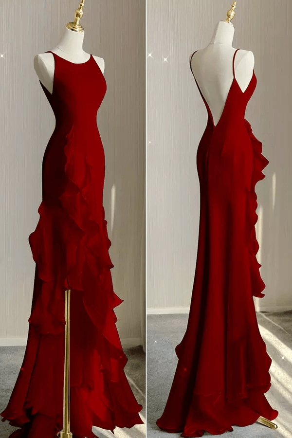 Beaira Wine Red Long Round Neckline Low Back Wine Red Evening Dress Prom Dress