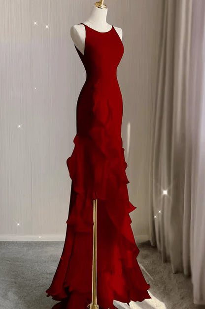 Beaira Wine Red Long Round Neckline Low Back Wine Red Evening Dress Prom Dress