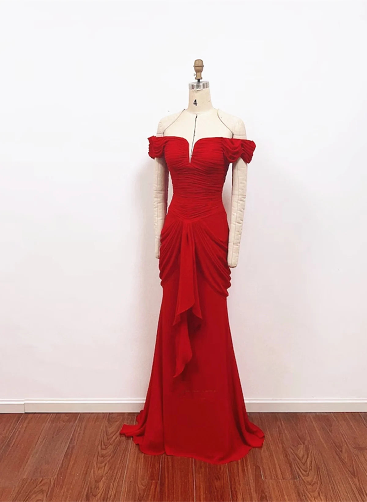 Beaira Red Chiffon Mermaid Off Shoulder Wedding Party Dress Red Long Formal Dress