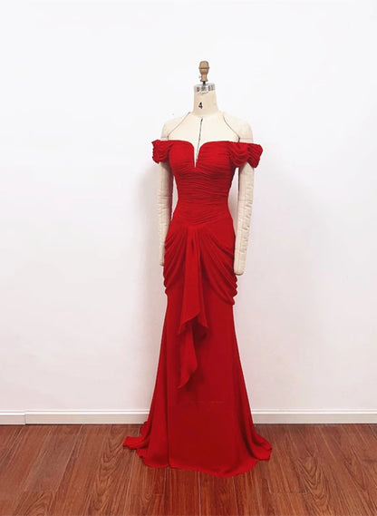 Beaira Red Chiffon Mermaid Off Shoulder Wedding Party Dress Red Long Formal Dress
