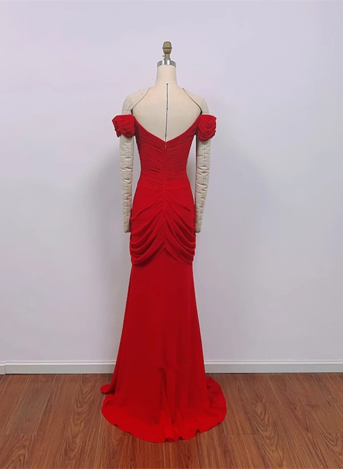 Beaira Red Chiffon Mermaid Off Shoulder Wedding Party Dress Red Long Formal Dress