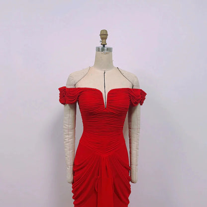 Beaira Red Chiffon Mermaid Off Shoulder Wedding Party Dress Red Long Formal Dress