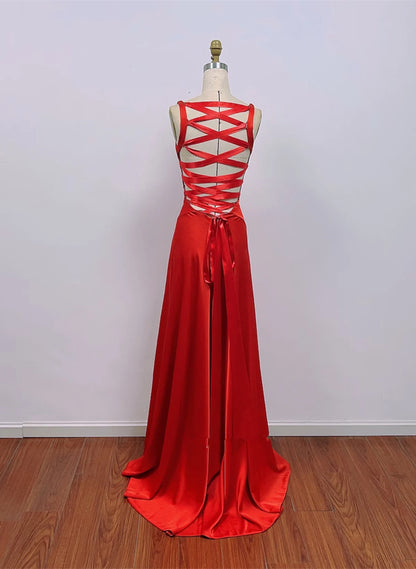 Beaira Red Satin Simple Long Formal Dress Red Satin Prom Dress