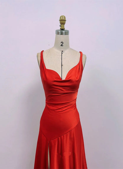 Beaira Red Satin Simple Long Formal Dress Red Satin Prom Dress