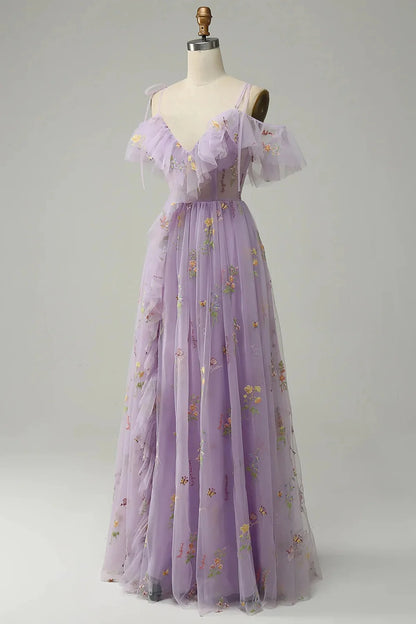 Beaira Light Purple Floral Long Prom Dress with Slit Light Purple Formal Dress