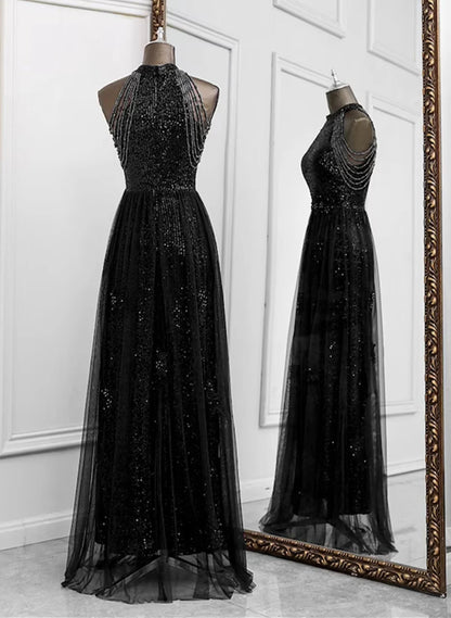 Beaira Black Halter Sequins and Tulle Long Party Dress Black Prom Dress