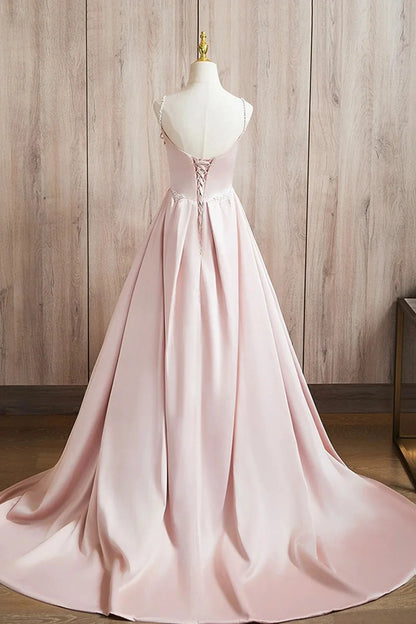 Beaira A-line Satin Long A-Line Pink Prom Dress Spaghetti Straps Evening Dress