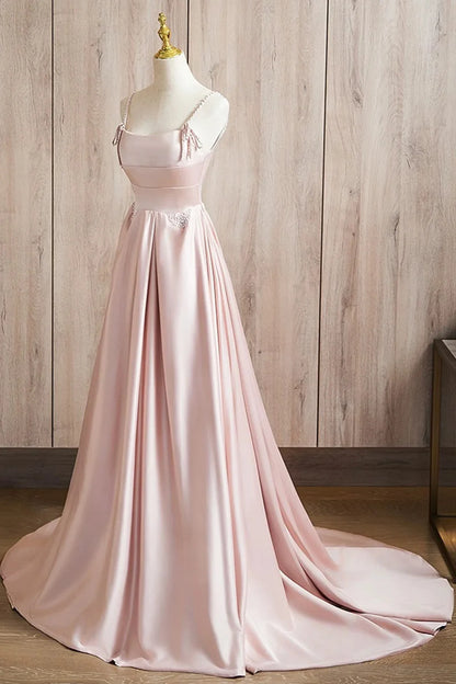 Beaira A-line Satin Long A-Line Pink Prom Dress Spaghetti Straps Evening Dress