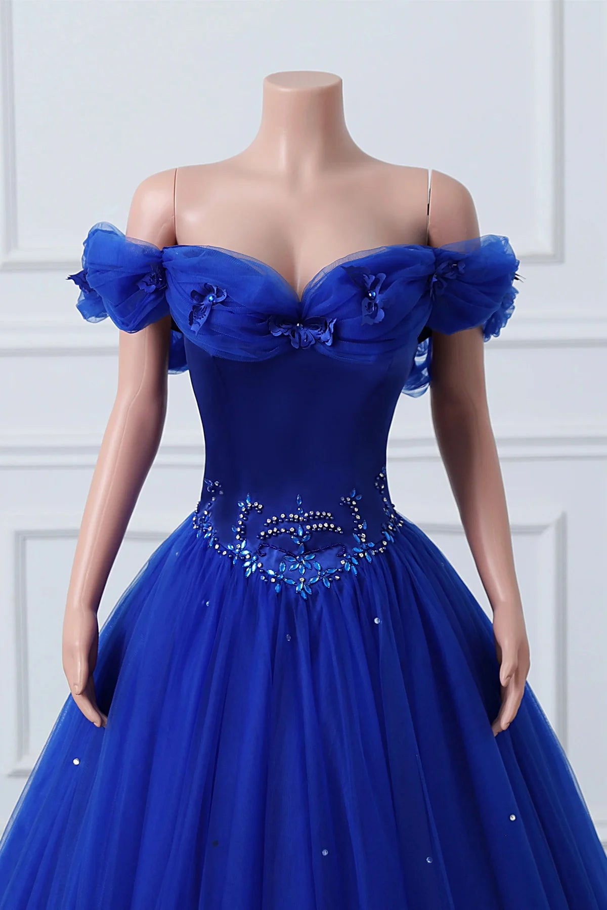 Beaira Royal Blue Off-The-Shoulder Sweetheart Beaded Flowers Ball Gown Tulle Prom Dresses
