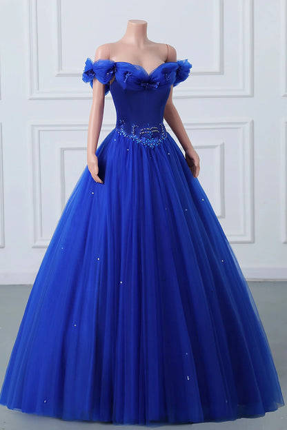 Beaira Royal Blue Off-The-Shoulder Sweetheart Beaded Flowers Ball Gown Tulle Prom Dresses