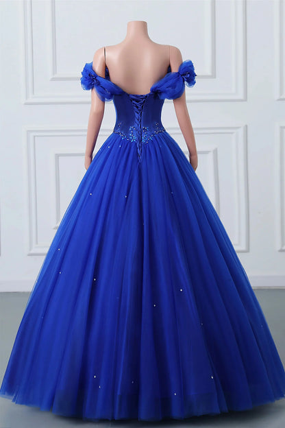 Beaira Royal Blue Off-The-Shoulder Sweetheart Beaded Flowers Ball Gown Tulle Prom Dresses