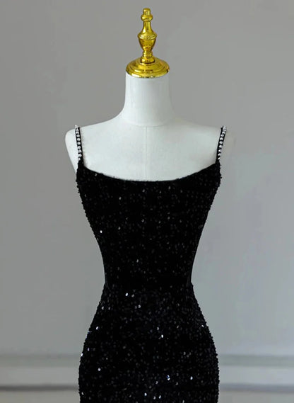 Beaira Black Mermaid and Velvet Sequin Long Prom Dress Black Formal Dress