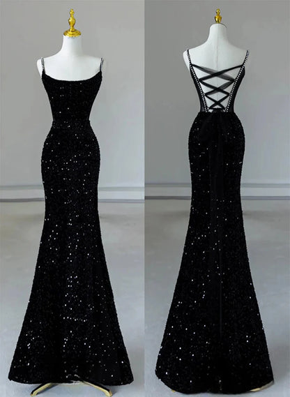 Beaira Black Mermaid and Velvet Sequin Long Prom Dress Black Formal Dress