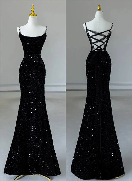 Beaira Black Mermaid and Velvet Sequin Long Prom Dress Black Formal Dress