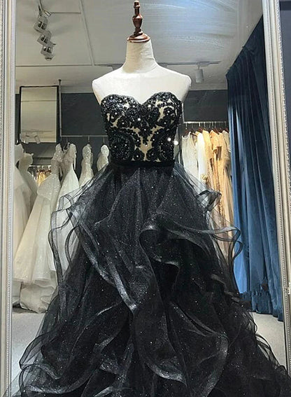 Beaira Black Sweetheart Tulle Layers Long Party Dress Black Tulle Lace Prom Dress