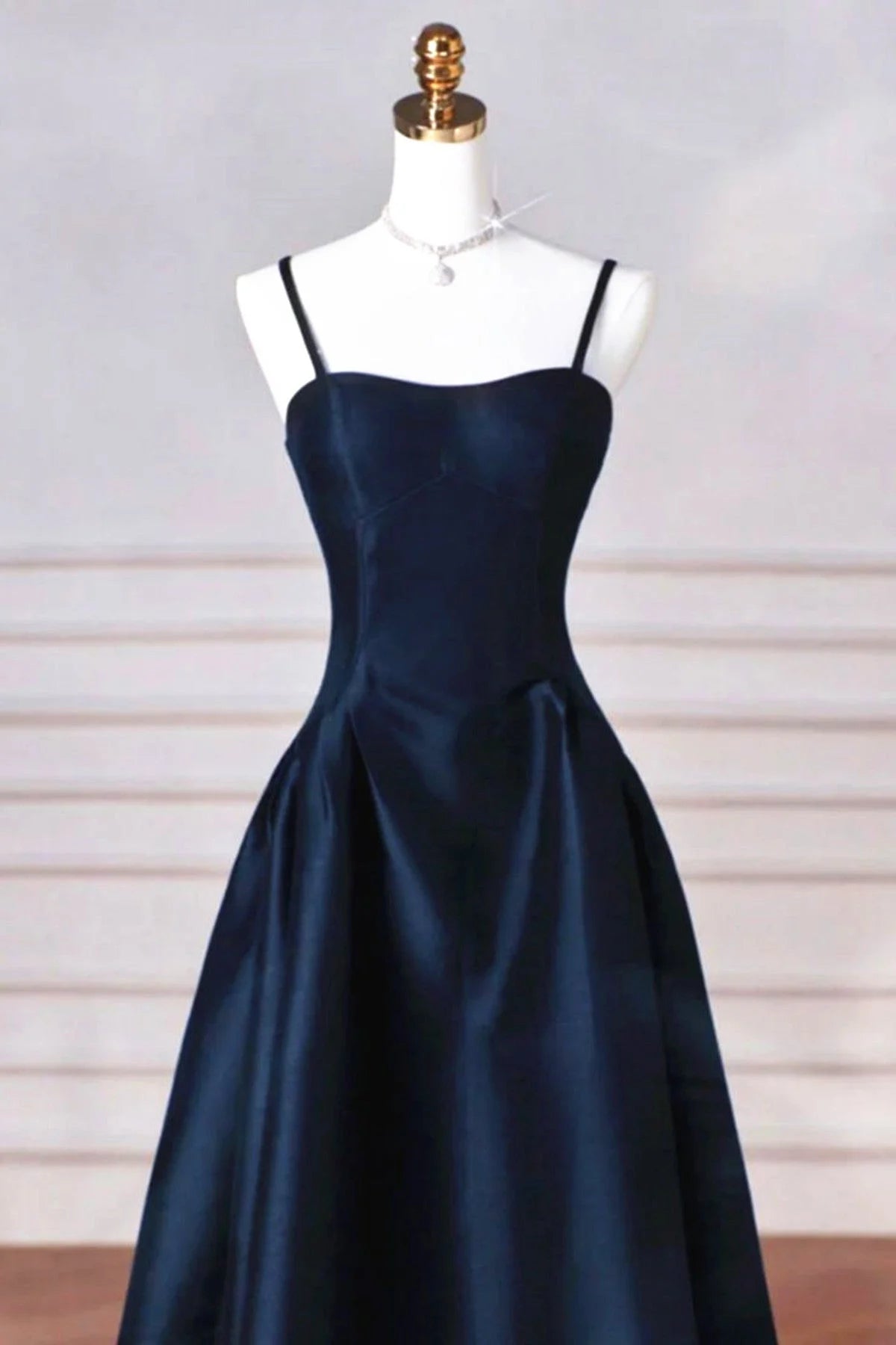 Beaira A-line Navy Blue Satin Straps Long Formal Dress Navy Blue Prom Dress