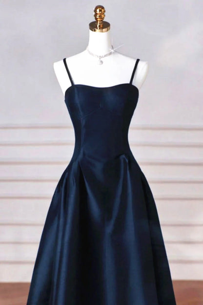 Beaira A-line Navy Blue Satin Straps Long Formal Dress Navy Blue Prom Dress