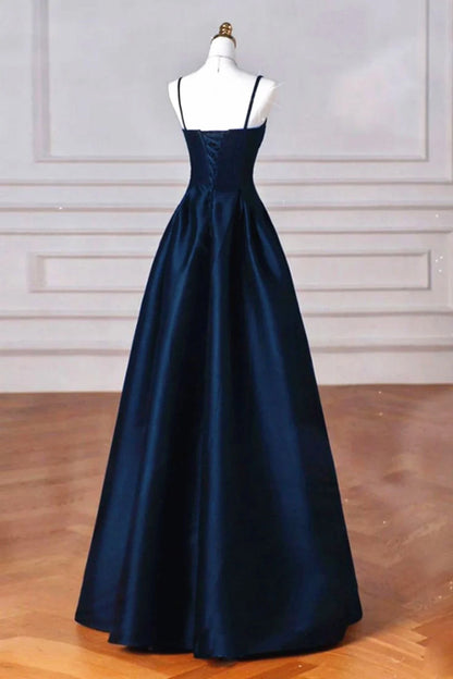 Beaira A-line Navy Blue Satin Straps Long Formal Dress Navy Blue Prom Dress