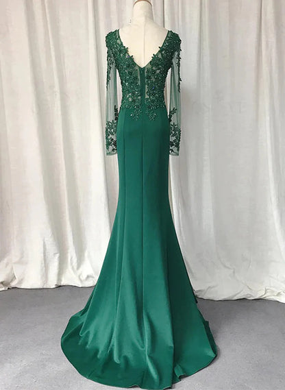 Beaira Green Mermaid Long Sleeves with Lace Applique Evening Dress Green Prom Dress