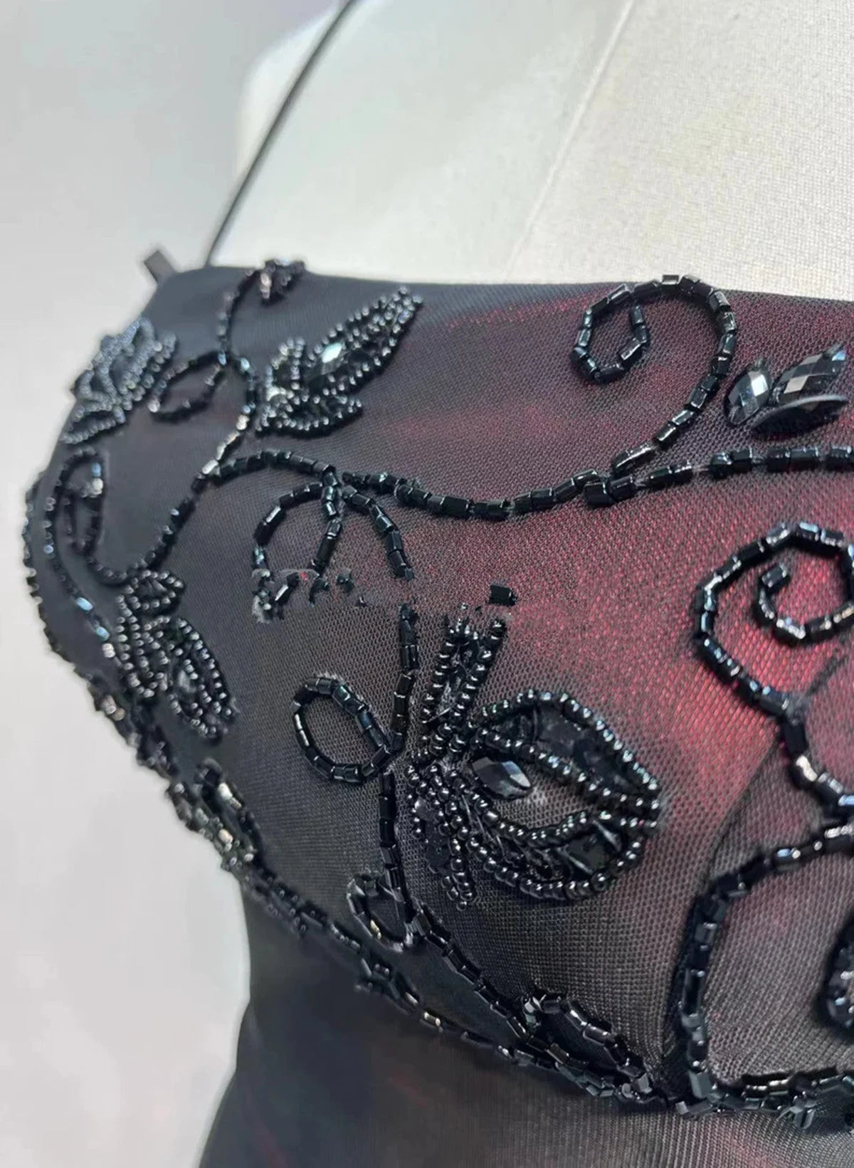 Beaira Black and Red Beaded Straps Mermaid Party Dress Black and Red Formal Dress