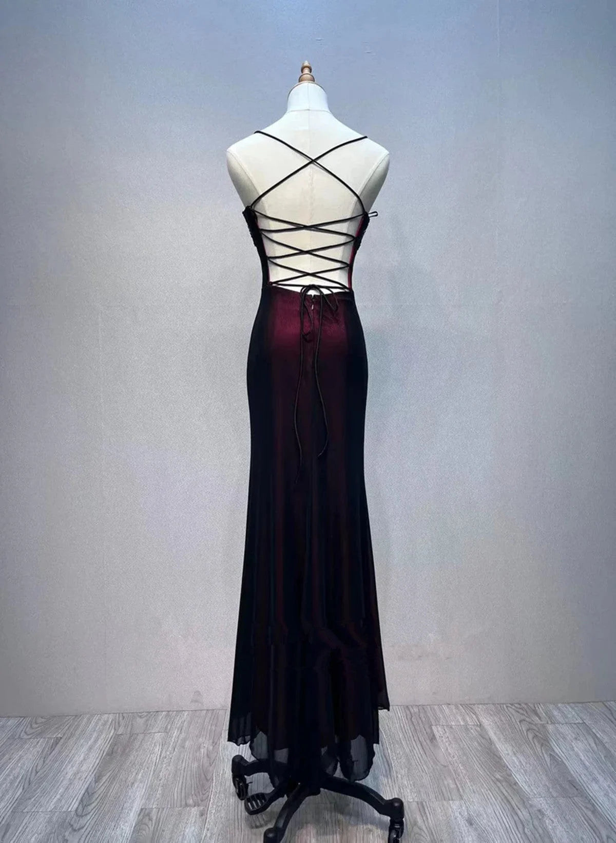 Beaira Black and Red Beaded Straps Mermaid Party Dress Black and Red Formal Dress