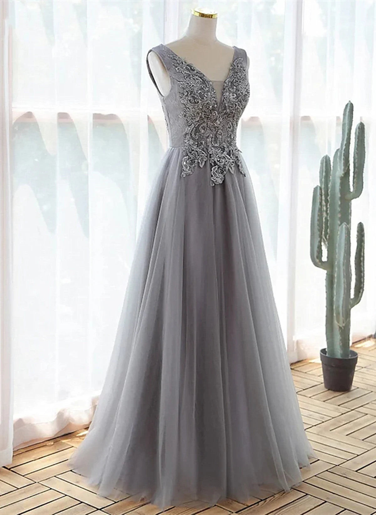 Beaira Grey A-line Tulle with Lace Long Formal Dress Grey V-neckline Prom Dress