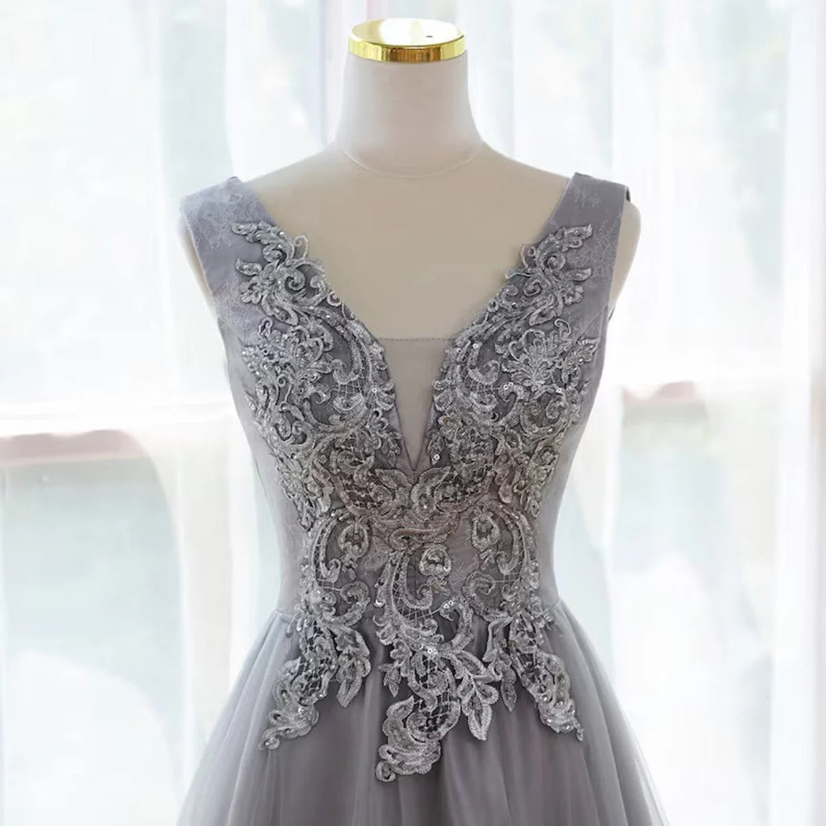 Beaira Grey A-line Tulle with Lace Long Formal Dress Grey V-neckline Prom Dress